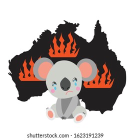 Australia black silhoette. Forest fires in Australia. Pray for Sydney and Pray for Australia. Ecology problem. Global warming. Environment. For posters. Sad koala crying. Cartoon flat style