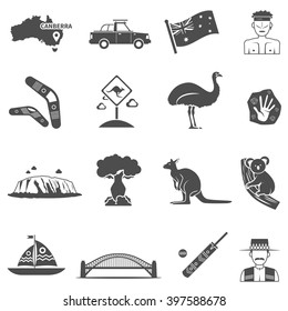 Australia black white icons set with kangaroo and koala flat isolated vector illustration 