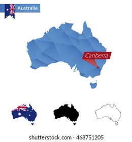 Australia blue Low Poly map with capital Canberra, four versions of map. Vector Illustration.