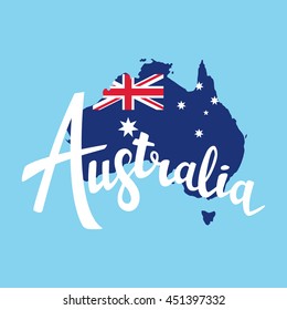 Australia brush lettering. Map of Australia with flag. Vector illustration. Isolated elements