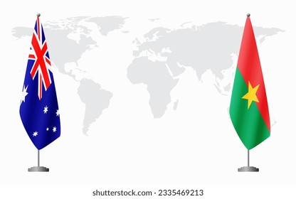 Australien und Burkina Faso Flaggen für offizielle Treffen auf dem Hintergrund der Weltkarte.