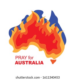 Australia bushfires vector illustration. Burning Australian map. Forest fire symbol. Pray for Australia banner.