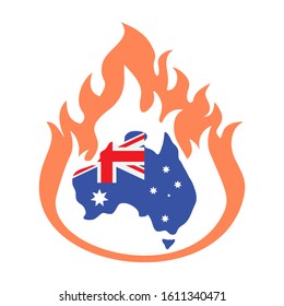 Australia bushfires vector illustration. Burning Australian map. Forest fire symbol. Pray for Australia banner.