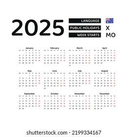 Australia Calendar 2025. Week starts from Monday. Vector graphic design. English language.