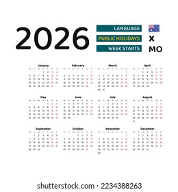Australia Calendar 2026. Week starts from Monday. Vector graphic design. English language.