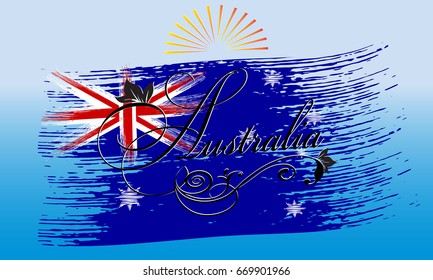 Australia. Calligraphic cursive vintage Australia lettering inscription with floral ornament on the  brush stroke Australia flag. Vector background for design, prints,emblem, cloth,  souvenirs
