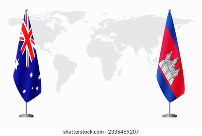 Australia and Cambodia flags for official meeting against background of world map.