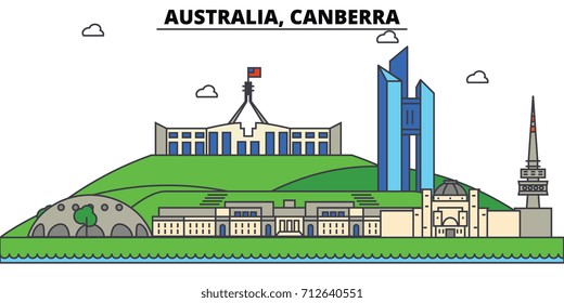 Australia, Canberra. City skyline: architecture, buildings, streets, silhouette, landscape, panorama, landmarks. Editable strokes. Flat design line vector illustration concept. Isolated icons set svg
