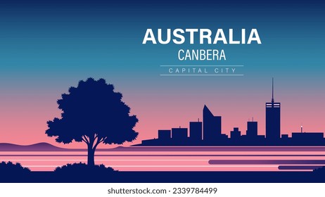 Australien Canberra Nachtcity Skyline mit einem Baum und einem See im Vordergrund, eine digitale Darstellung