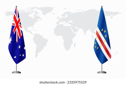 Australia and Cape Verde flags for official meeting against background of world map.