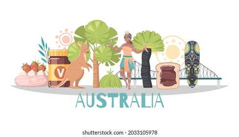 Australia cartoon composition with kangaroo vegemite ancient wooden painted mask female aborigine character holding boomerang flat vector illustration