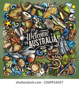 Australia cartoon doodle illustration. Funny Australian design. Creative vector background with Oceania Country elements and objects. Colorful composition