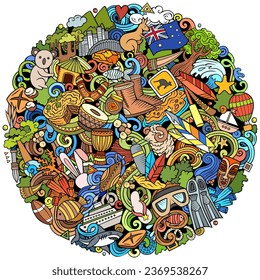 Australia cartoon doodle round illustration. Funny Australian design. Creative vector background with Oceania Country elements and objects. Colorful composition
