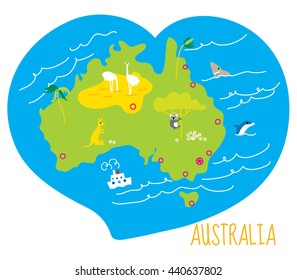 Australia cartoon map with animals. Vector illustration.