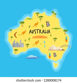 Australien Cartoon Karte. Vektorgrafik. Australischer Staat mit Reisesymbolen und Ozean. Wahrzeichen Australien kangaroo, koala, boomerang. Farbillustration. Flaches Design. 