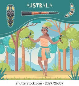 Australia cartoon poster with charming female in national clothes holding boomerang at natural background vector illustration