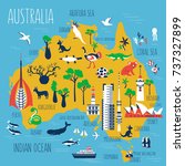 Australia cartoon travel map vector illustration,landmark Telstra Tower, Perth bell tower, Old Windmill Brisbane, Adelaide Town Hall, Eureka skyscraper, Mount Wellington, wild animal decorative symbol
