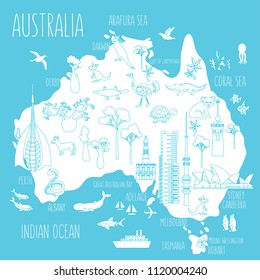 Australia cartoon travel map vector illustration,landmark Telstra Tower, Perth bell tower, Old Windmill Brisbane, Adelaide Town Hall, Eureka skyscraper, Mount Wellington, wild animal decorative symbol