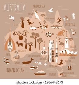 Australia cartoon travel map vector vintage illustration, decorative poster with landmarks, wild animals, baobab trees, flat style urban landscape for design european building for design advertising