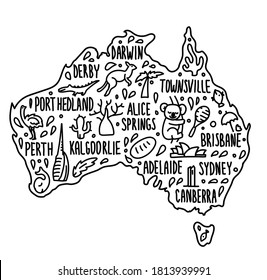 Australia cartoon travel map vector illustration. Hand drawn doodle australian city names lettering and cartoon landmarks, tourist attractions cliparts. travel, banner concept design. 