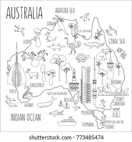Australia cartoon travel map vector illustration,landmark Telstra Tower, Perth bell tower, Old Windmill Brisbane, Adelaide Town Hall, Eureka skyscraper, Mount Wellington, wild animal decorative symbol