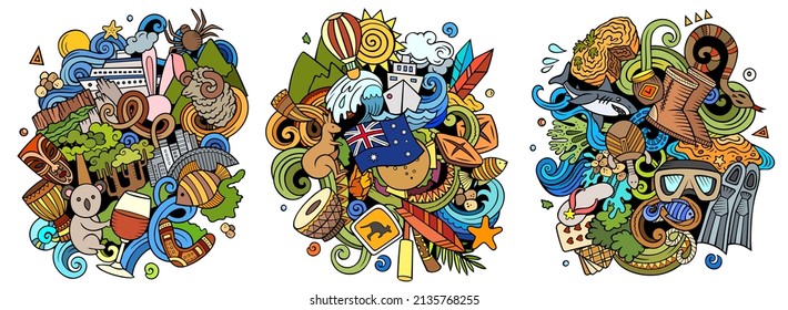 Australia cartoon vector doodle designs set. Colorful detailed compositions with lot of traditional symbols. Isolated on white illustrations