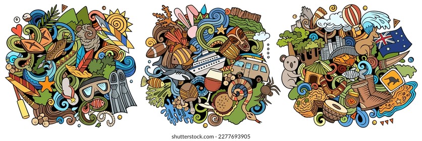 Australia cartoon vector doodle designs set. Colorful detailed compositions with lot of traditional symbols. Isolated on white illustrations