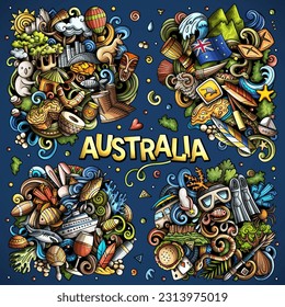 Australia cartoon vector doodle designs set. Colorful detailed compositions with lot of Australian objects and symbols.