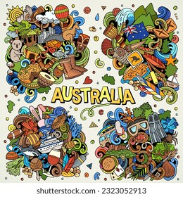 Diseños de doodles vectores de dibujos animados de Australia. Coloridas composiciones detalladas con muchos objetos y símbolos australianos.