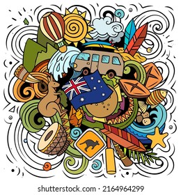 El doodle vectorial de dibujos animados de Australia ilustra símbolos tradicionales. Objetos y símbolos australianos