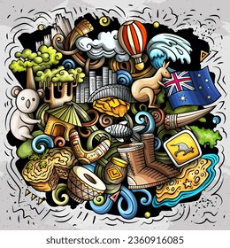 Australia cartoon vector doodle illutraditional symbols. Australian objects and symbols