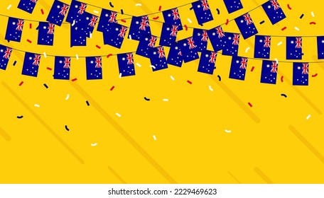 Australia celebration bunting flags with confetti and ribbons on yellow background. vector illustration.