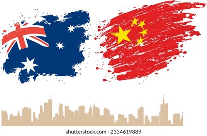 Australien und China Vektorflagge mit dem Hintergrund von Gebäuden. Vektorgrafik