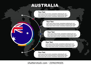 Australia circle infographic with information text spaces, black background with world map, Australia circle country flag, presentation graphic idea, info and data template for countries