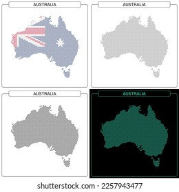 Australia Circular Mosaic Brick Dotted Map, Set of National Flag Color, Black Silhouette Country Boundary Isolated on White Background, Geographic Vector Illustration