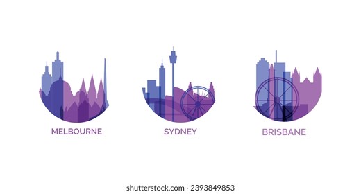 Logo de las ciudades de Australia y conjunto de iconos. Colección gráfica de vectores para la metrópolis australiana de Melbourne, Sydney, Brisbane