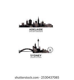 Logotipo e ícone das cidades da Austrália. Coleção de gráficos vetoriais para Adelaide, Sydney. Horizonte, emblemas panorâmicos