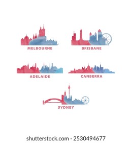 Austrália cidades skyline vetor logotipo, ícone definido. Aquarela plana Melbourne, Brisbane, Adelaide, Canberra, silhueta de Sydney. Coleção gráfica isolada