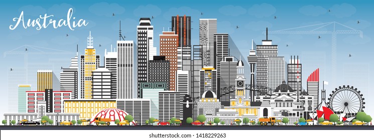 Australia City Skyline with Gray Buildings and Blue Sky. Vector Illustration. Tourism Concept with Historic Architecture. Australia Cityscape with Landmarks. Sydney. Melbourne. Canberra.