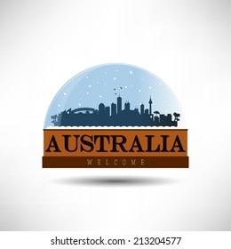 Australia city skyline silhouette in snow globe vector illustration. Winter design.