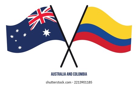 Australia and Colombia Flags Crossed And Waving Flat Style. Official Proportion. Correct Colors.