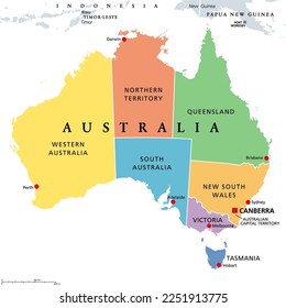 Australia, colored political map, with the capital Canberra, and administrative states and territories in different colors. The Commonwealth of Australia, a sovereign country and continent. Vector.