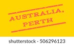 Australia Comma Perth watermark stamp. Text Caption between parallel lines with grunge design style. Rubber seal stamp with unclean texture. Vector tomato red color ink imprint on a yellow background.