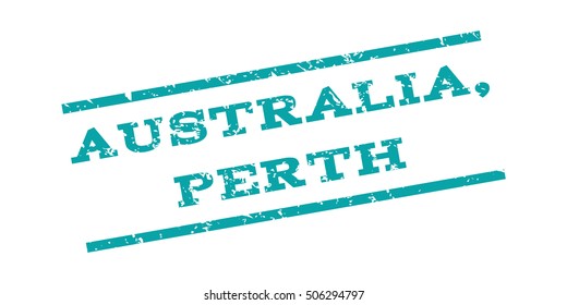 Australia Comma Perth watermark stamp. Text Tag between parallel lines with grunge design style. Rubber seal stamp with dust texture. Vector cyan color ink imprint on a white background.