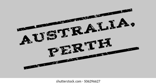 Australia Comma Perth watermark stamp. Text Tag between parallel lines with grunge design style. Rubber seal stamp with unclean texture. Vector black color ink imprint on a silver gray background.