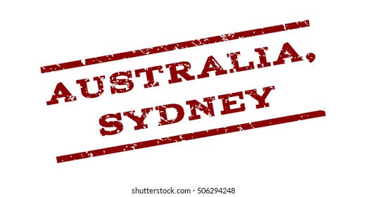 Australia Comma Sydney watermark stamp. Text Caption between parallel lines with grunge design style. Rubber seal stamp with unclean texture. Vector dark red color ink imprint on a white background.