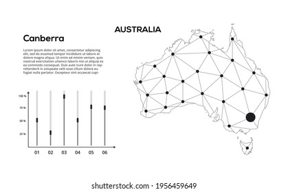 Australia communication network map. Vector image of a low poly global map with city lights. Map in the form of lines and dots