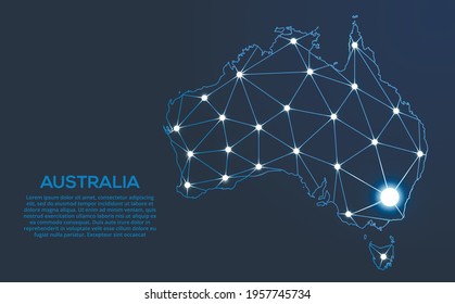 Australia communication network map. Vector low poly image of a global map with lights in the form of cities. Map in the form of a constellation, mute and stars