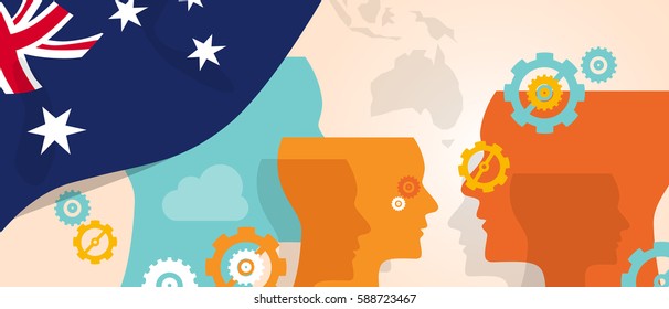 Australia Concept Of Thinking Growing Innovation Discuss Country Future Brain Storming Under Different View Represented With Heads Gears And Flag Vector