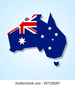 Australia continent with australian national flag inside of the shape isolated on pale blue background